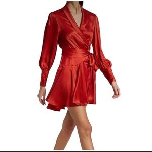 Zimmermann Red Satin Wrap Mini Dress with Balloon Sleeves